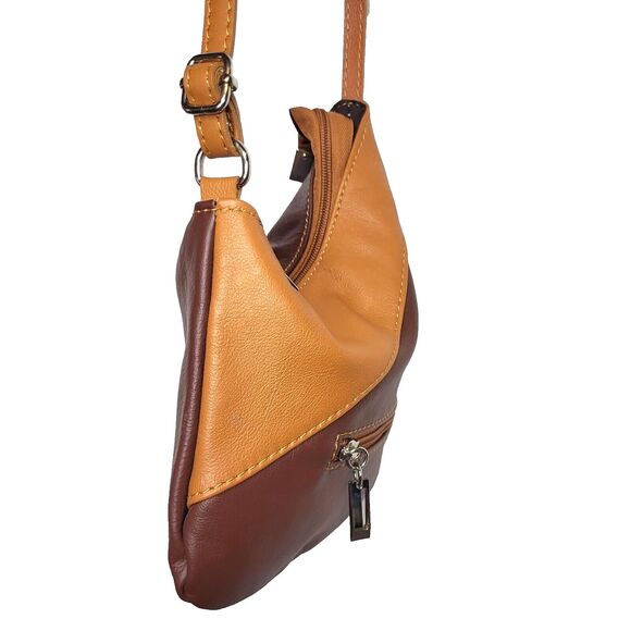 Florence Italian Leather asymmetric colorblock two tone brown crossbody NEW - Picture 2 of 11